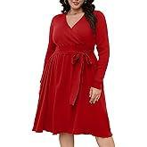 D.Q.RZhong Women’s Plus Size Sweater Dress Long Sleeve V Neck Wrap Tie Waist A-Line Casual Ribbed Knit Fall Winter Midi Dress