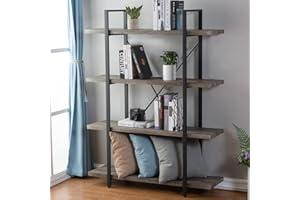 HSH 4-shelf Vintage Industrial Bookshelf, Rustic Gray Wood and Metal 4 Tier Bookcase, Open Wide Etagere Book Shelf for Home Office Livingroom Bedroom Dispaly, Light Grey Oak
