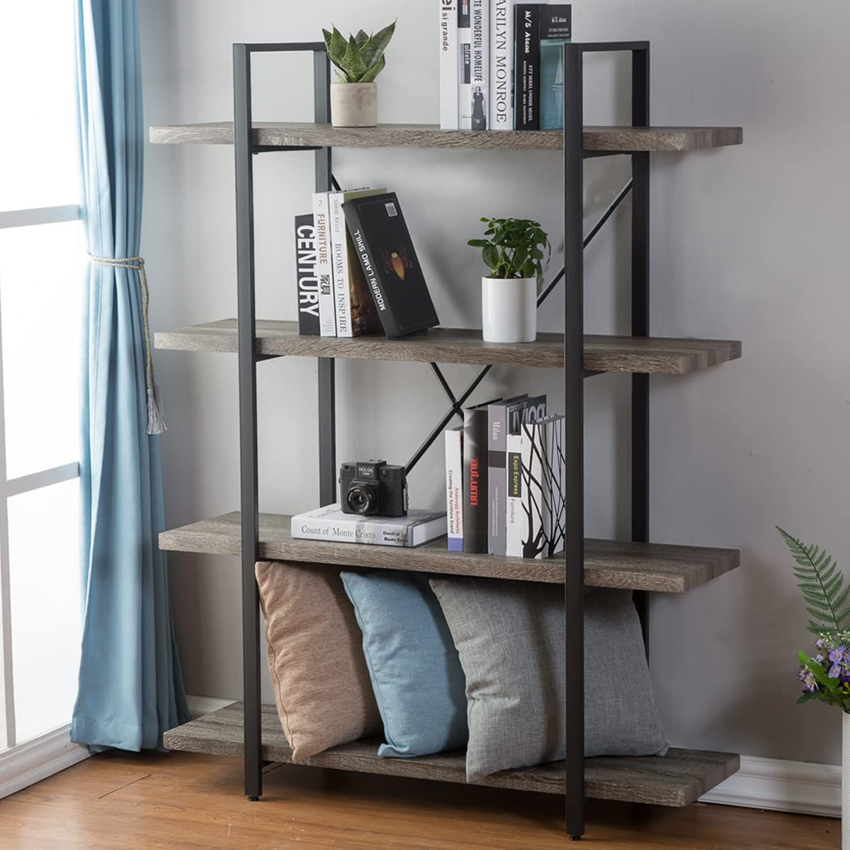 HSH 4-Shelf Vintage Industrial Bookshelf, Rustic