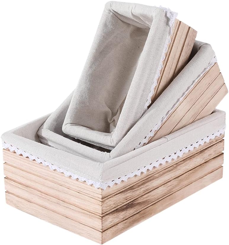 Quan Shuo 3-Piece Set Rustic Decorative Wooden Nesting Storage Box With Washable Linen, White Storage Box For Storage, Organization and Display (White754): Home Improvement