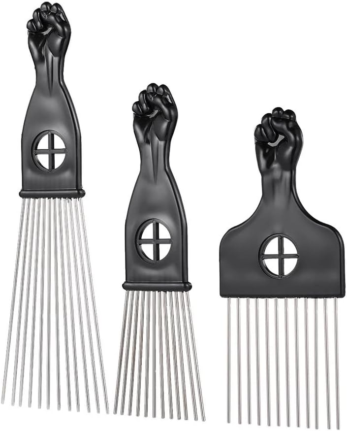 3Pcs Metal Afro Comb African American Pick Comb Hair Brush Hairdressing Styling Tool Black Fist for Thin Thick Hair Cutting and Styling