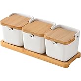 siymean Ceramic Salt and Sugar Container Set,Pepper Jars with Lid and Spoon | White Porcelain Seasoning Box,Condiment Tray,Sugar Holder,Salt Tray,Condiment Containers
