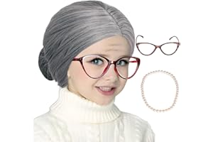 HONCLOUD Grey Old Lady Costume Wig with a Bun with Granny Glasses and Pearl Necklace for Halloween Party for Girl Kid 100 Days of School Custome Wig