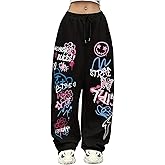 Verdusa Women's Hip Hop Letter Graphic Pants Drawstring Waist Straight Leg Loose Trousers