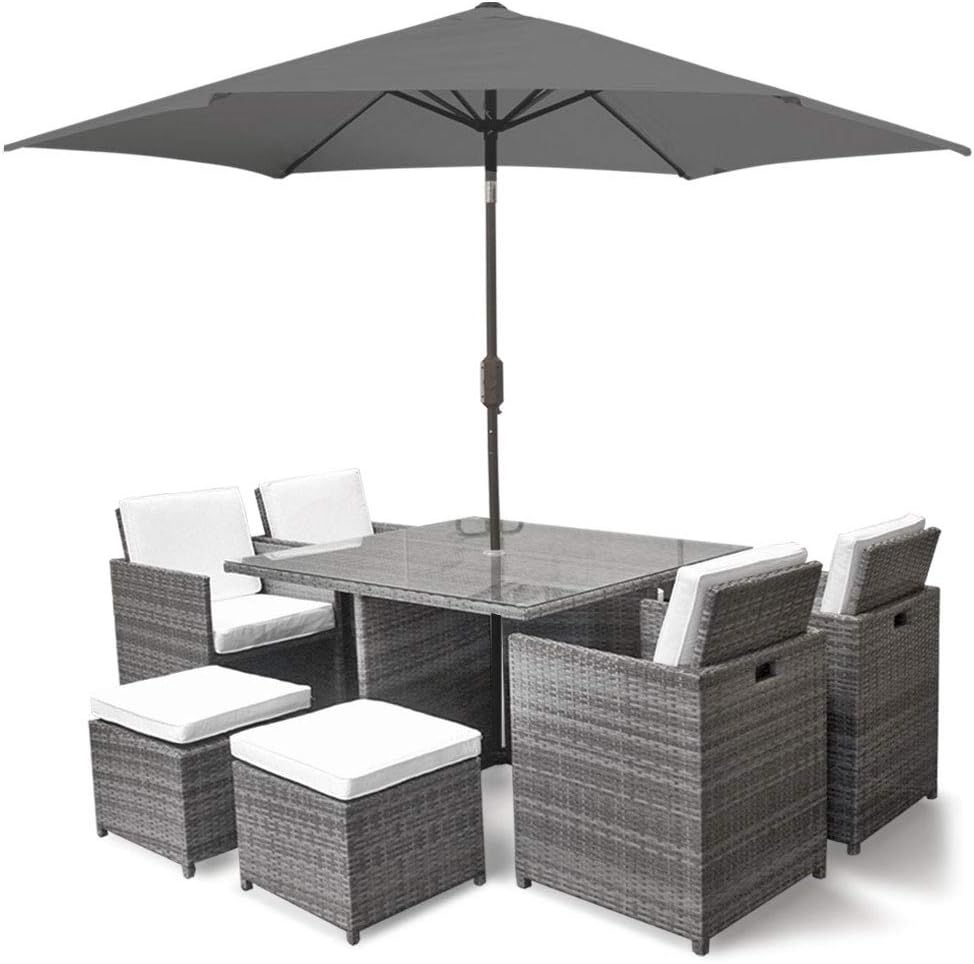 Harts Premium Rattan Dining Set, Cube 8 Seats Garden Patio Conservatory Furniture inc & Parasol (Grey)