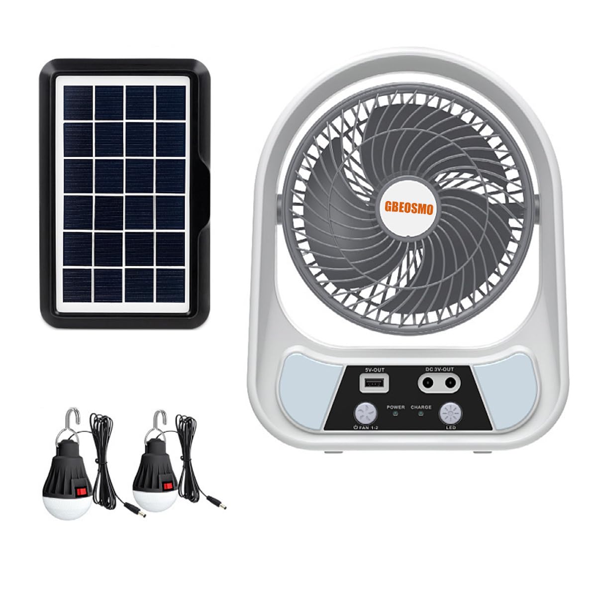 Portable Turbo Camping Battery Powered Fan with LED Light Rechargeable Power Fan, Oscillating Cordless USB Desk Fan with Solar Panel ,LED Bulbs, Hanging Hook for Tent, Canopy, Beach, Outdoor Travel