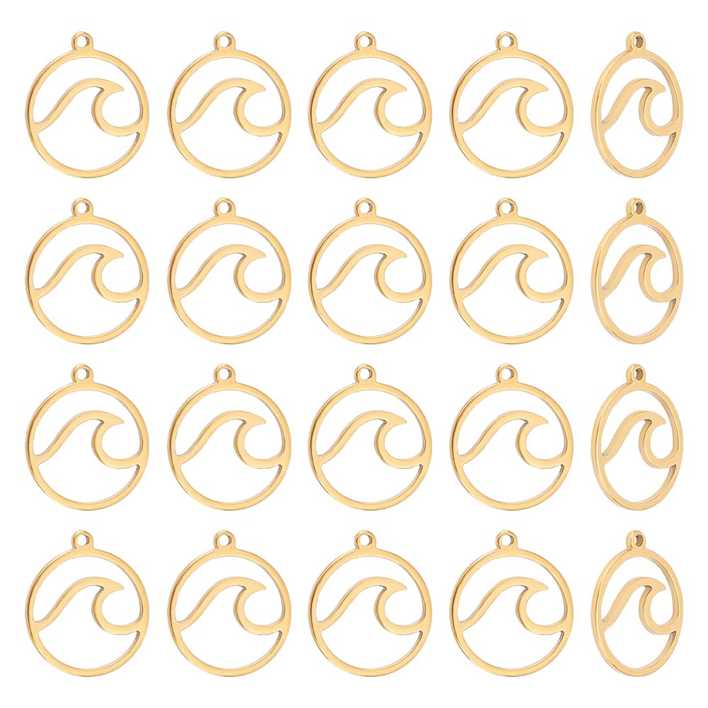 UNICRAFTALE Pack of 30 Golden Waves Charms, Flat Round with Wave, Stainless Steel Pendants, Ocean Pendants, Laser Cut, Hypoallergenic Metal Charms for Outdoor Lovers, Surf Climbers, 17 x 15 mm