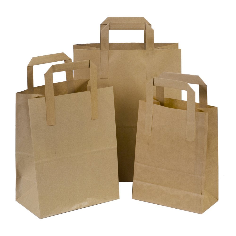 Sticky Tape Paper Carrier Bags with Flat Handles, Pack of 25, Brown