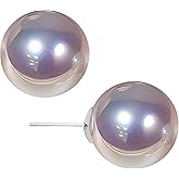 WARIDAR 8, 10, 12mm Grey Tone of Silvery and Purple Pinkish Luster Faux Pearl S925 Silver Stud Earrings | Hypoallergenic Rich Radiance Round Pearl Minimalist Studs | Luxury Timeless Earrings for Ladies Daily Wear & Gift