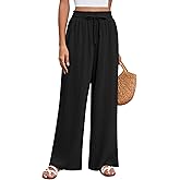 Huukeay Women's Linen Wide Leg Pants, High Waist Flowy Palazzo Pants with Pockets Drawstring Summer Casual Work Trousers(Black,X-Large)