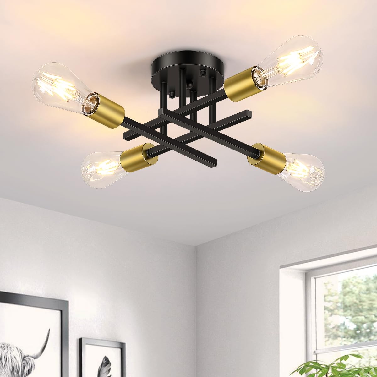 Gbood Modern Semi Flush Mount Ceiling Light, 4-Lights Sputnik Chandelier for Bedroom Lighting, Industrial Kitchen Light Fixture Ceiling Mount for Dining Room Hallway Living Room(Black with Gold)