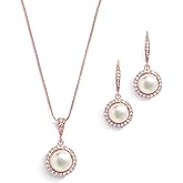 Mariell Pearl Bridal Wedding Necklace & Earrings Jewelry Set for Brides, Bridesmaids, 14K Rose Gold Plated Jewelry