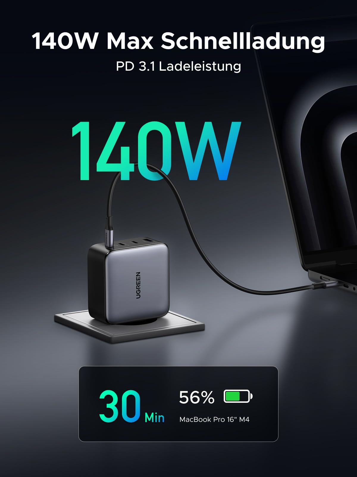 UGREEN Nexode 200W USB C Ladegerät, GaN Netzteil mit 4 Ports, Ultimativer 140W Schnellladeblock, Intelligente Leistungsverteilung, Kompakt & Universell für MacBook, iPhone 17-8, Galaxy Serien 5