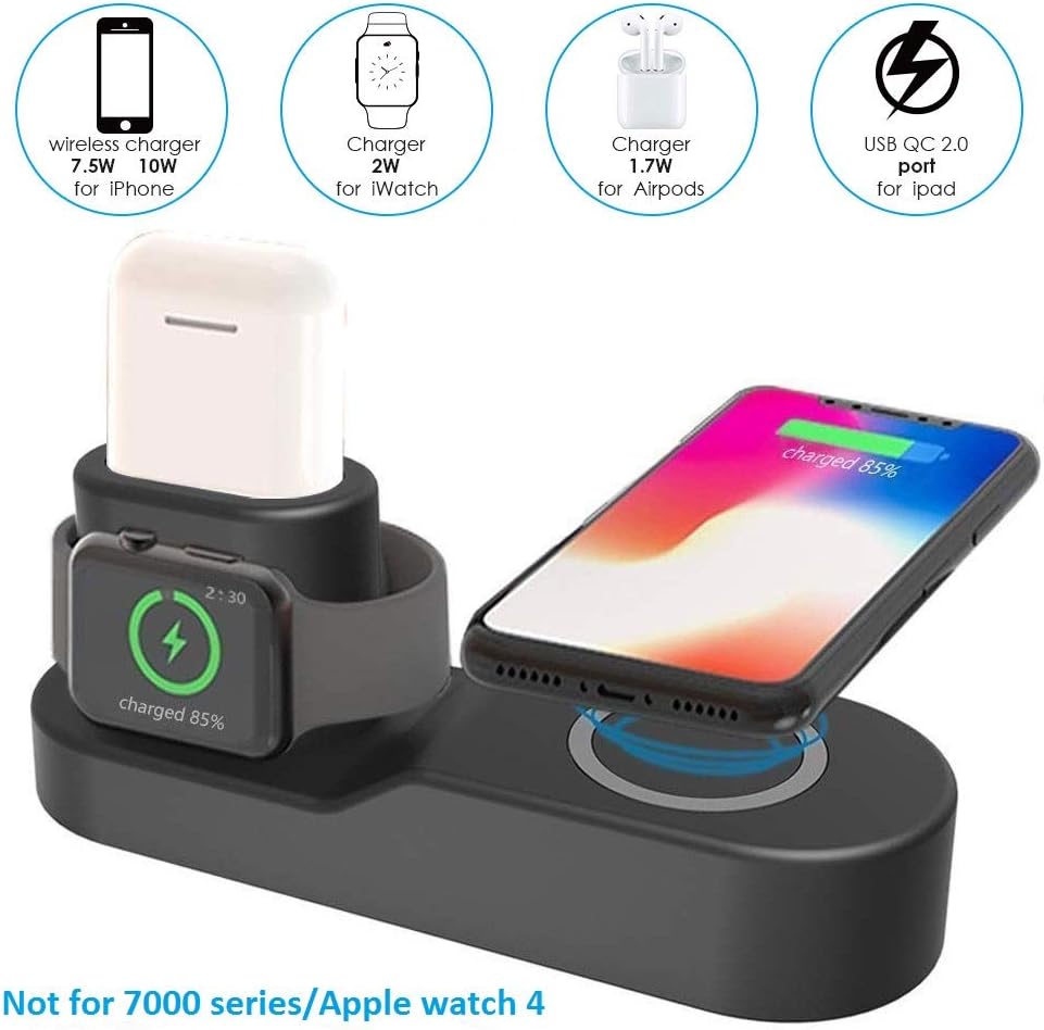 Milletech 4 in 1 Wireless Charging Stand Station Compatible with Apple Watch 3/2/1 Airpods iPhone XS MAX/XR/X/8/8 Plus Samsung Galaxy S9 All Qi-Enabled with USB Adapter Organizer Dock