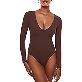 INLYRIC Women's Natrelax V Neck Long Sleeve Bodysuit Sexy Thong Body suits Tops Double Lined