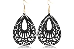 ONLYJUMP Handmade Bohemian Geometric Wood Earrings for Women Vintage Bohemian African Nature Wooden Earrings Lightweight Hollow Teardrop Ethnic Fashion Statement Earring