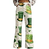 St Patricks Day Pants for Women High Waist Wide Leg Baggy Plus SizeIrish Green Shamrock Print Pant with Pockets