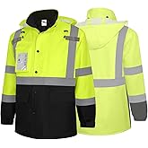 Besentinels Waterproof Hi Vis Safety Jackets for Men, High Visibility Reflective Jacket with Pockets, Long Type Rain Coats for Winter Construction with Black Bottom, Class 3, CJK-Yellow X-Large