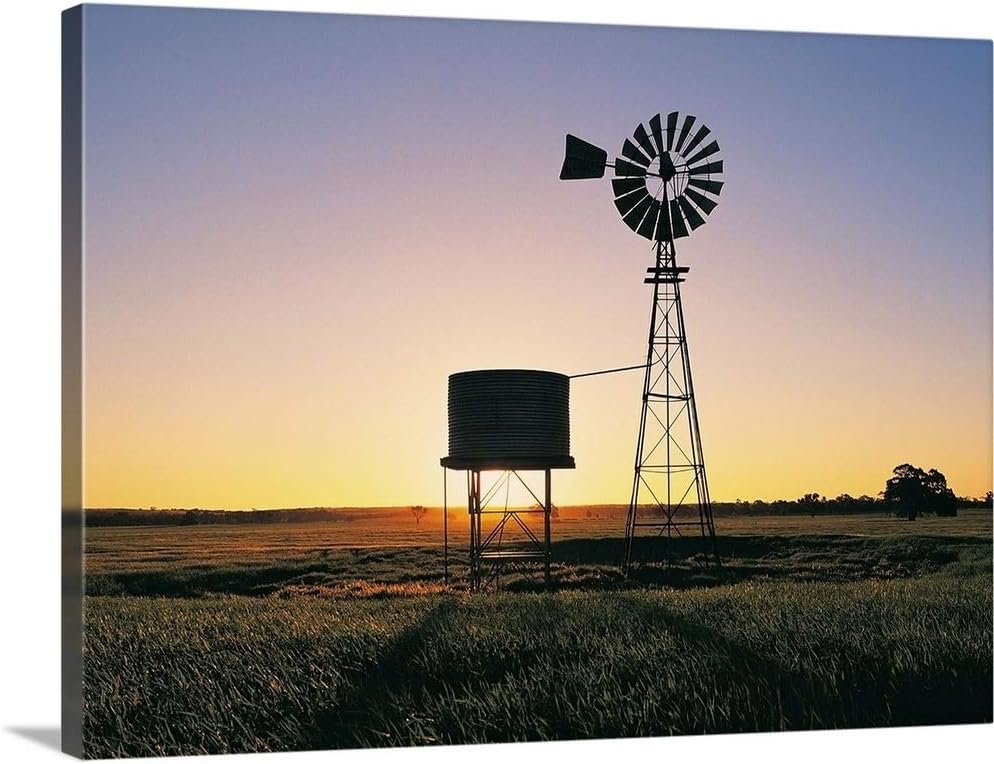 GREATBIGCANVAS Windmill and Water Tank at Sunset in The Mallee District of Victoria, Australia Canvas Wall Art.