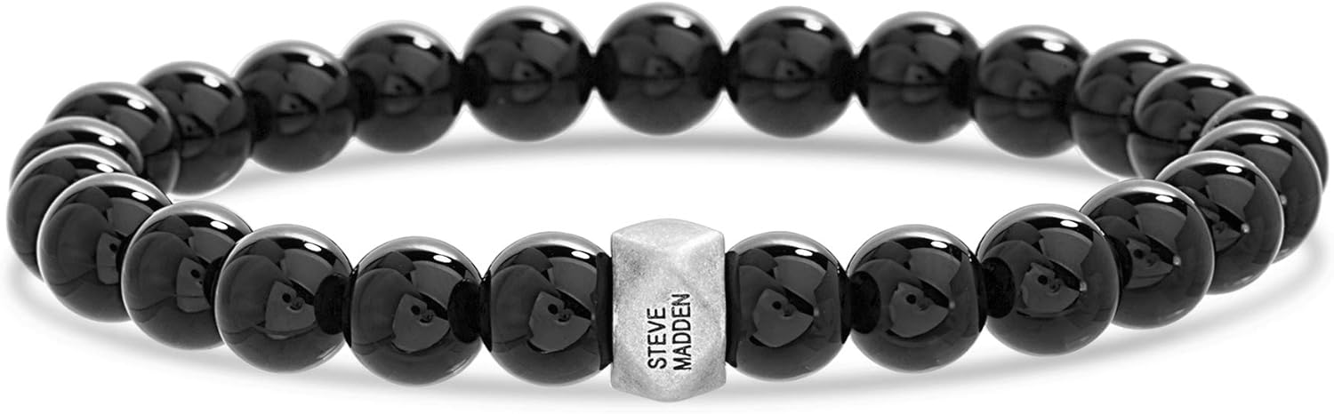 Steve Madden Oxidized Stainless Steel Black Beaded Stretch Bracelet For Men (Black): Jewelry