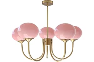 Flyrose 5-Light Pink Glass Ceiling Light Brass Gold Globe Pendant Light Modern Pink Bubble Chandelier Girls Bedroom Chandelier Light Fixture