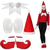 Toulite 4 Pcs Christmas Elf Costume Accessories, Red and White Elf Hat Collar Gloves Elves Shoes Set for Xmas Party Cosplay