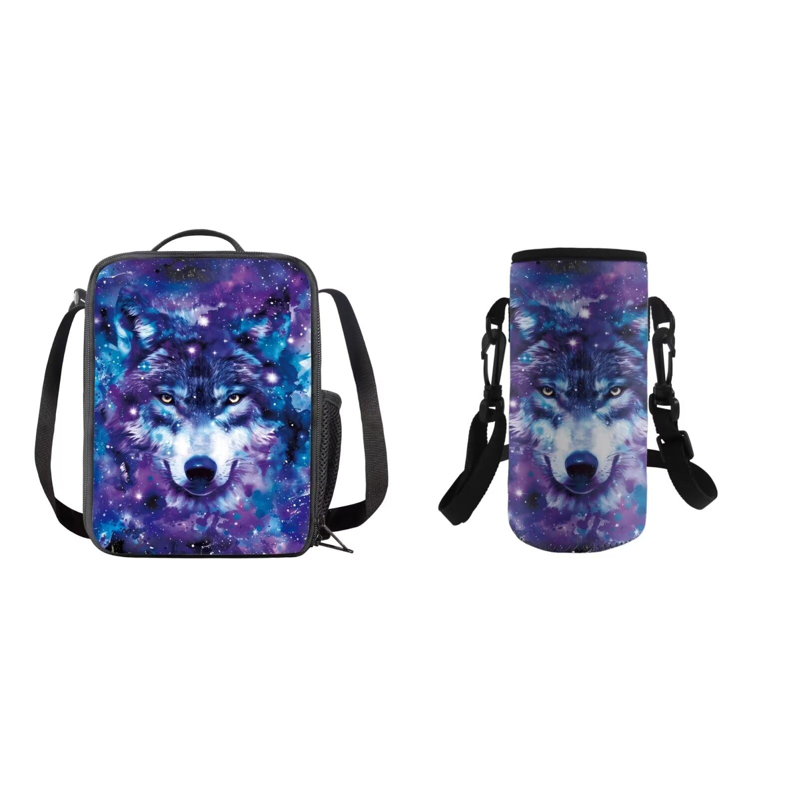COEQINE Wolf Lunch Bags Set 2 Pieces Girls School Bag Sets for Kids with Lunch Box and Water Bottle Strap Insalation Galaxy Wolf Blue Butterfly Lunchbox Backpack Waterproof with Handle Portable Cool