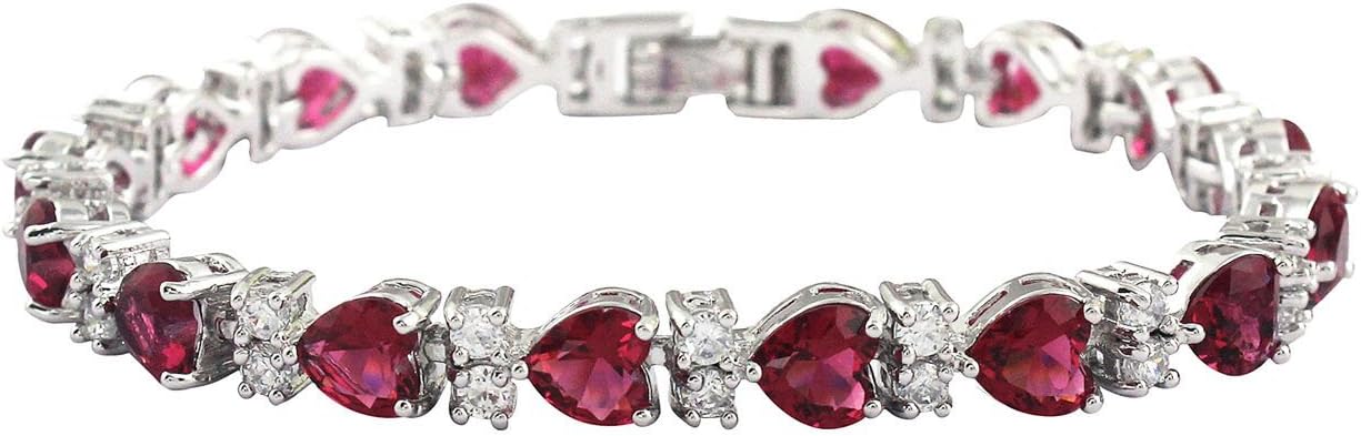 SELOVO Bracelet Tennis Chain Rose Red Heart Cubic Zirconia Silver Tone 7 Inch