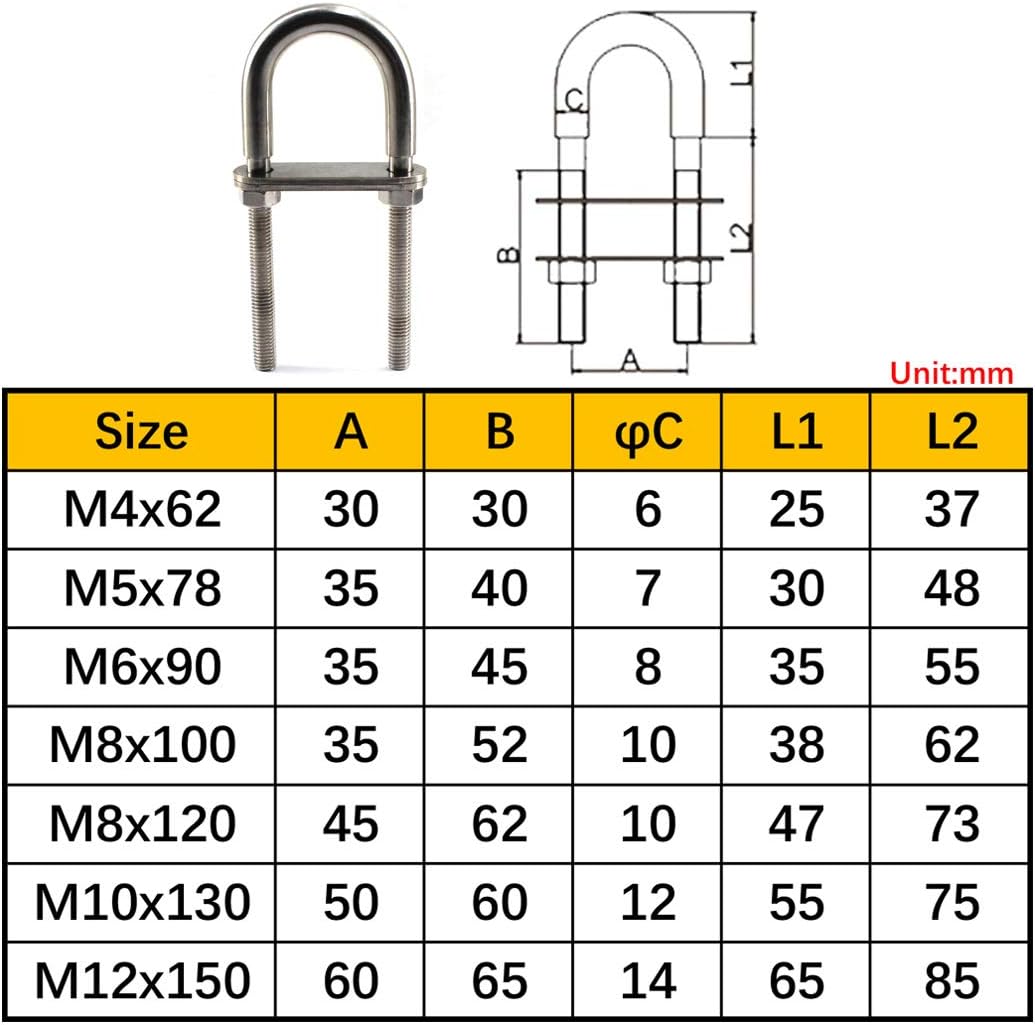 M12x150 U Bolt 304 Stainless Steel Tie Down U Bolt (Pack of 1) BigaMart