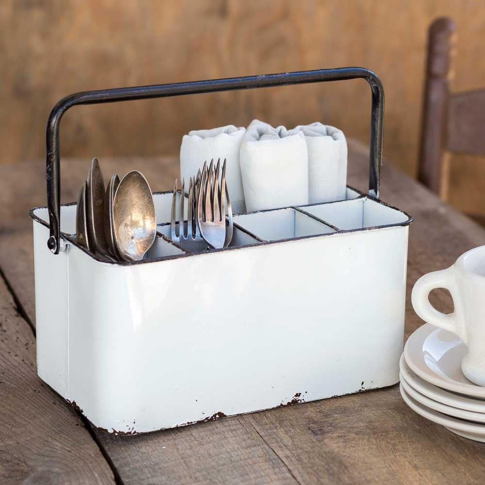 Distressed White Cutlery Caddy with Carrying Handle