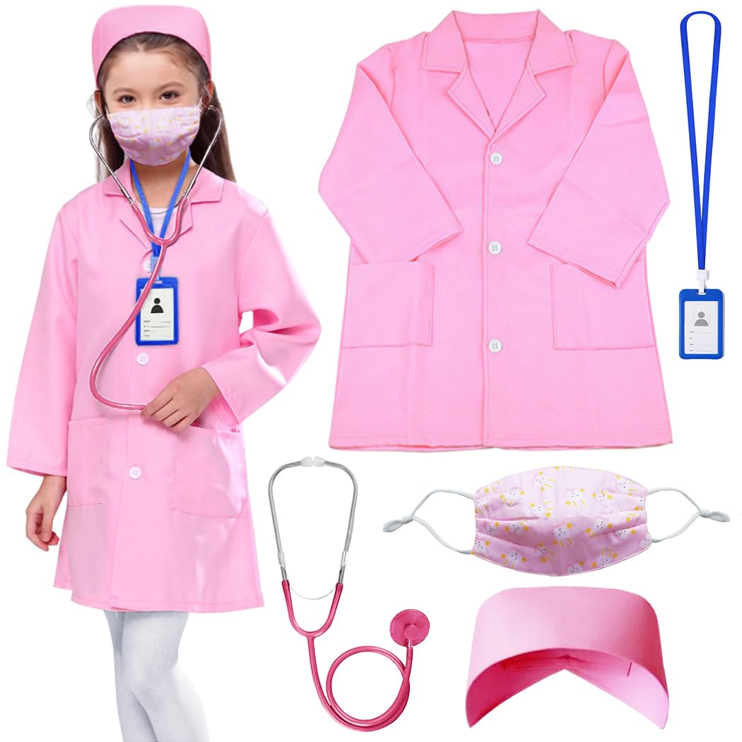 Naichuo Doctor Nurse Lab Coat Outfits,Kids Role Play Doctor Costume With Realistic Accessories for Boys Girls Ages 3-12(Lab Coat, Pink/4-5T)