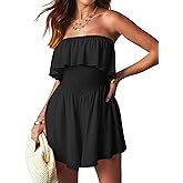 AIMCOO Women's Rompers Summer Strapless Floral Print Tube Top Sleeveless Double Ruffle Hem Shorts Jumpsuit with Pocket