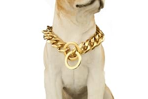 Loveshine Chain Dog Collar 18K Gold Cuban Link Dog Chain Chain Collar Metal Stainless Steel Heavy Duty Dog Collars for Small, Medium, and Large Dogs(15MM, 22")