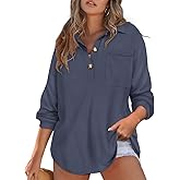 RITERA Plus Size Womens Waffle Knit Tops V Neck Henley Shirts Button up Blouse Long Sleeve Long Tunic Top