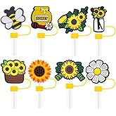 Silicone Straw Covers Cap for Stanley Cups,Tumblers 30oz 40oz, 0.4 Inch/10mm 8PCS Cute Flower Cup Accessories Reusable Drinking Straw Toppers Tips Lids (Yellow Bee Honey Sunflower)
