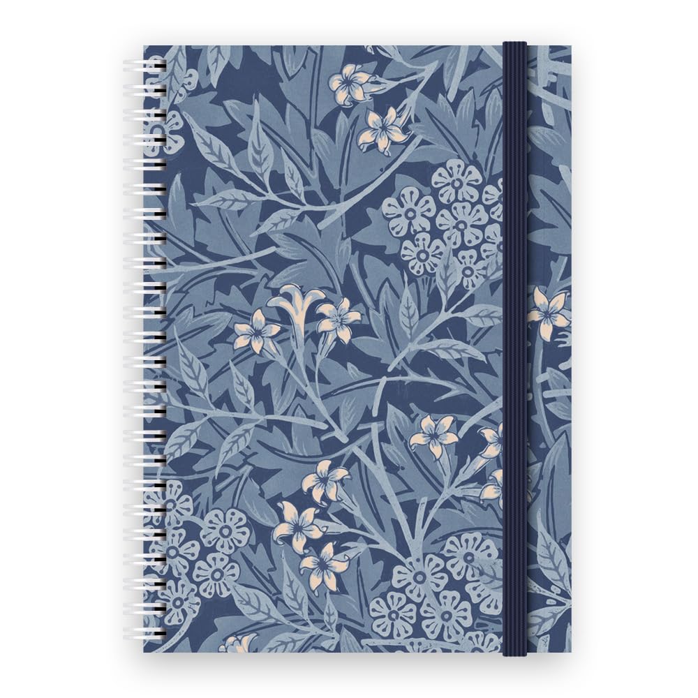 Cauliflower Journals A5 Spiral Bound Journal Notebook- William Morris - Jasmine Blue Cover Design, 120 Ruled Pages, Double Page Pocket & Elastic Page Divider (Jasmine Blue)