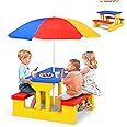 ARMILE Kids Picnic Table, Kids indoor & Outdoor Table and Bench set with Removable & Foldable Umbrella, Portable Toddler Plastic Picnic Table for Patio, Backyard, Ideal Gift for Boys Girls (Colorful)