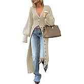 LETSVDO Long Cardigan for Women Lantern Sleeve Cable Knit Sweater Maxi Dress Chunky Button Up Duster Cardigans Outwear