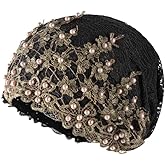 haozaikeji Women Flower Turban Hat Rhinestones Muslim Islamic Head Wrap African Pearl Turban Soft Stretchy Head Cover