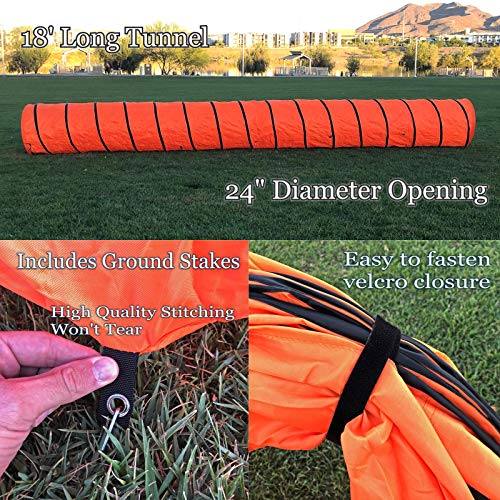 Rise8 Studios Dog Agility Tunnel | Pet Training Equipment | Rip and Tear Resistant | Includes Carry Bag and Ground Stakes | Made of 420D Polyester 24" Diameter, 18' Long (Orange)