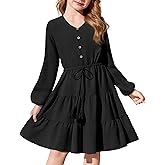 Arshiner Tween Girls Dresses Fall Long Sleeve V Neck Waist Tie Ruffle Tiered Swing Skater Dress
