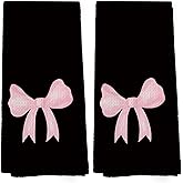 Mcehtle Coquette Black Pink Bow Girls Gifts Kitchen Towels Set of 2, College Dorm Bow Ribbon Hand Towels for Bathroom Decorative Dish Towels, Coquette Girly Bathroom Decor, 16x24 Inch