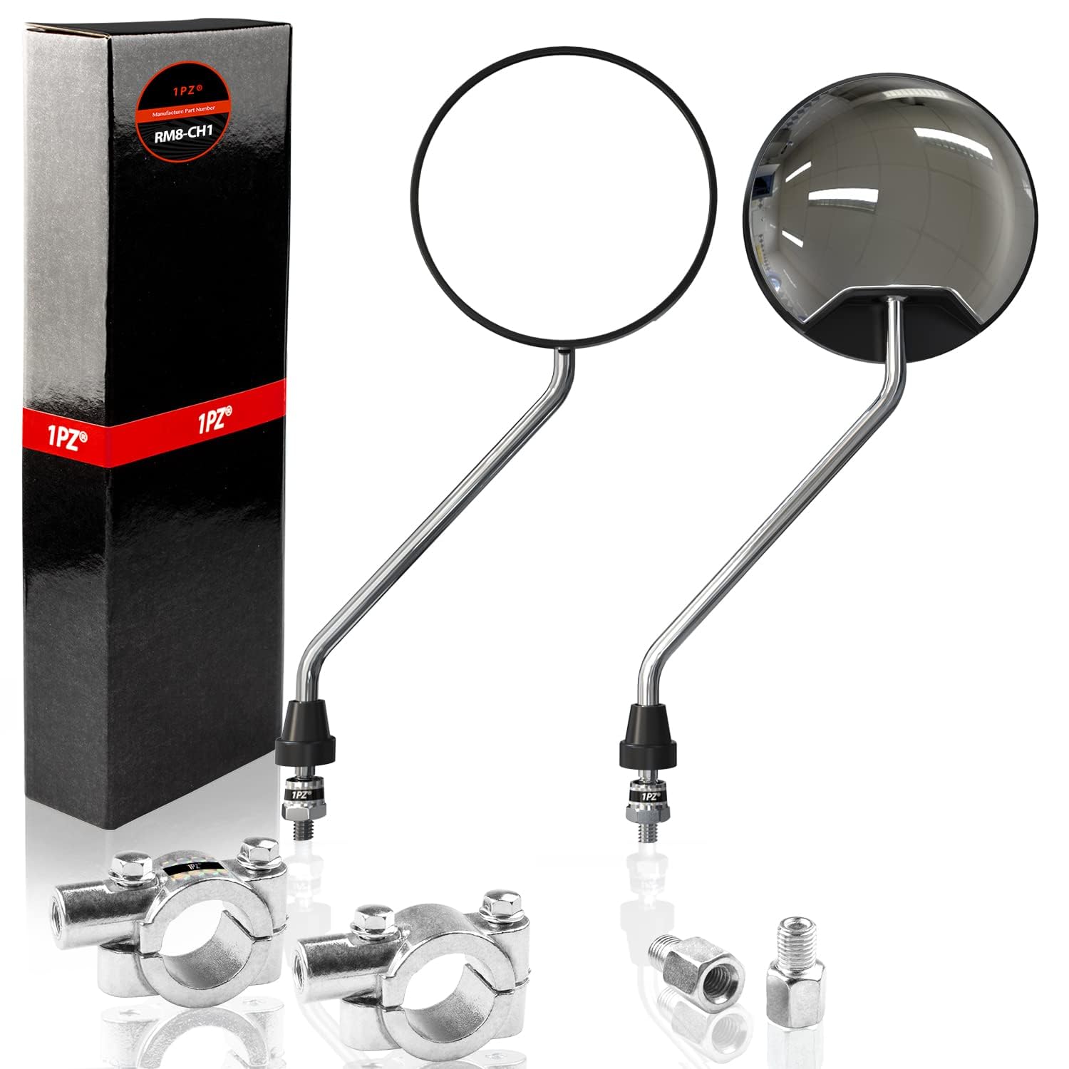 Photo 1 of 1PZ RM3-BM2 8mm Chrome Round Motorcycle Mirrors Rearview Side with 7/8" Handlebar Mount 10mm Screw Converter Holder Adaptor for Scooter Moped Motorcycle Go Kart ATV Dirt Bike Quad Wheeler