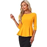 Allegra K Peplum Tops for Women's 3/4 Sleeve Belted Business Work Dressy Casual Blouses
