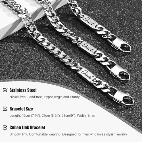 Gamtic Men's Bracelets Fathers' Day Gift - Engraved Silver Cuban Chain Bracelet Love Massage Personalised Dad Bracelets Birthday Valentines Christmas Presents for Men Father Daddy