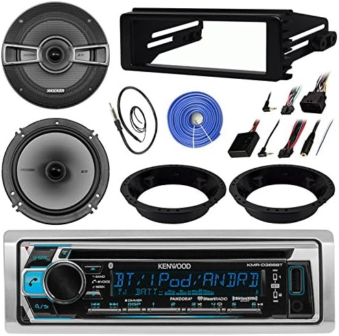Kenwood KMR-D368BT Stereo CD Receiver Bundle Combo With 2x Kicker 6.5" Speakers W/ Brackets + Dash Kit &amp; Handle Bar Control Module For 98-2013 Harley Motorcycles + Enrock Antenna + 50Ft Speaker Wire