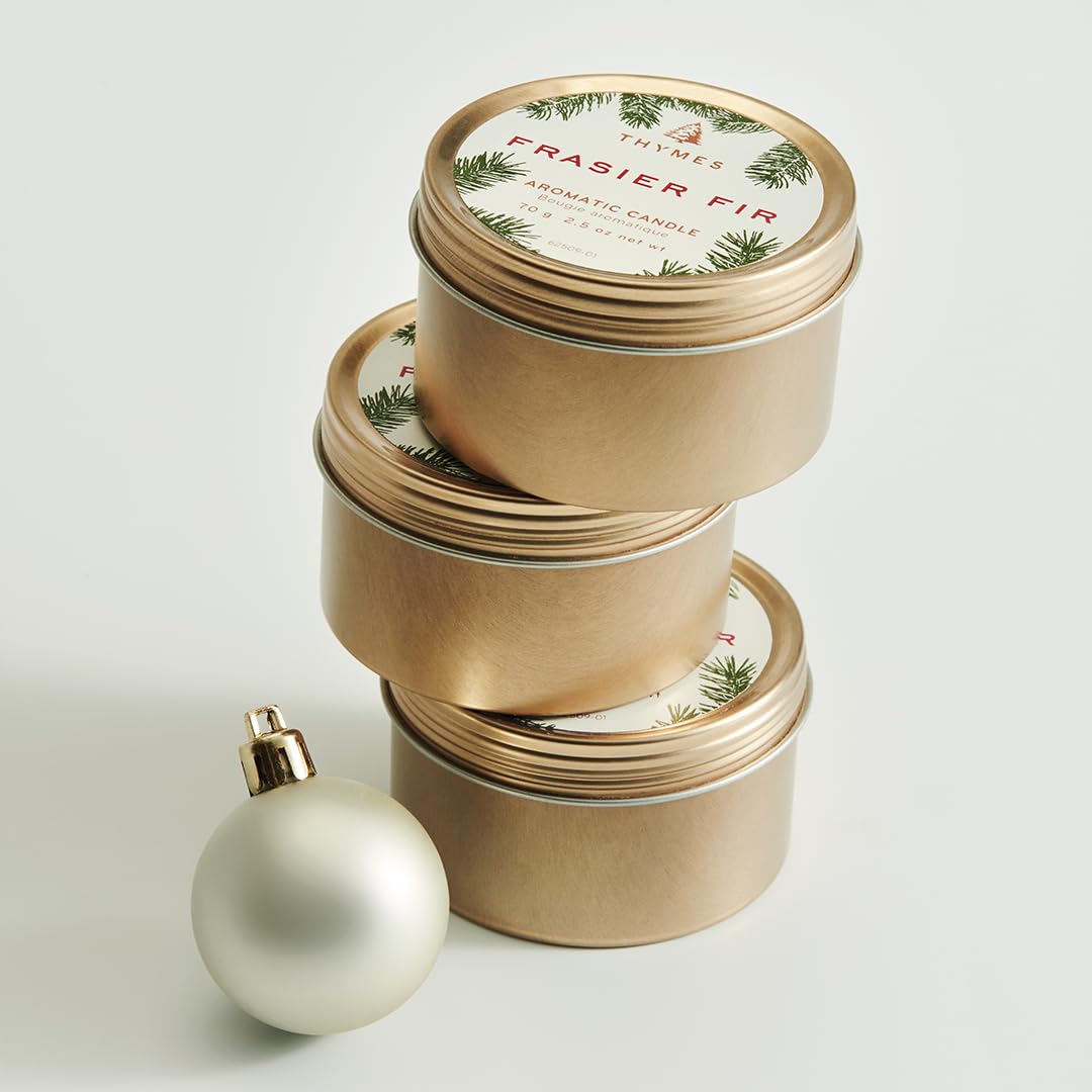 Thymes Travel Tin Holiday Candles - Scented Candles for Home Decor - Winter Scents - Christmas Gifts - Luxury Home Fragrance Gifts for Women & Men - Gold (Frasier Fir, 2.5 oz)