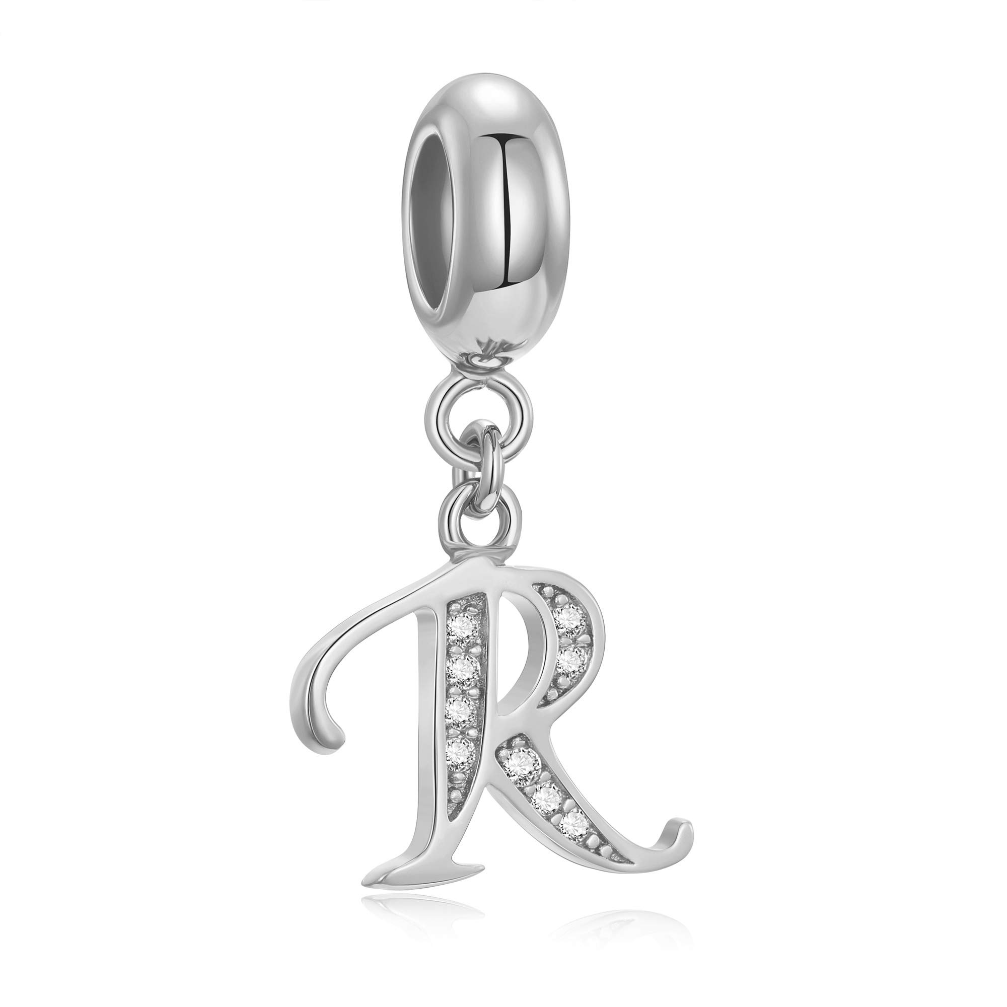 Genuine 925 Sterling Silver Letter Beads Initial A-z Dangle Alphabet Crystal Charm Fits European Bracelet Necklace (Letter R)
