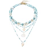 MECCANIXITY Sea Shell Necklace for Women, Handmade Summer Bead Beach Shell Charm Starfish Bead Necklace Layered Adjustable Boho Beach Jewelry for Vacation Gift (Blue, Pack of 5)