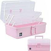 Creahaus 13 inch Art Craft Organizer Storage Box with 3 Layer, Multipurpose Plastic Tool Box with Handle for Sewing, Art Supply, Medicine, Nail, Hair Accessories (Pink)